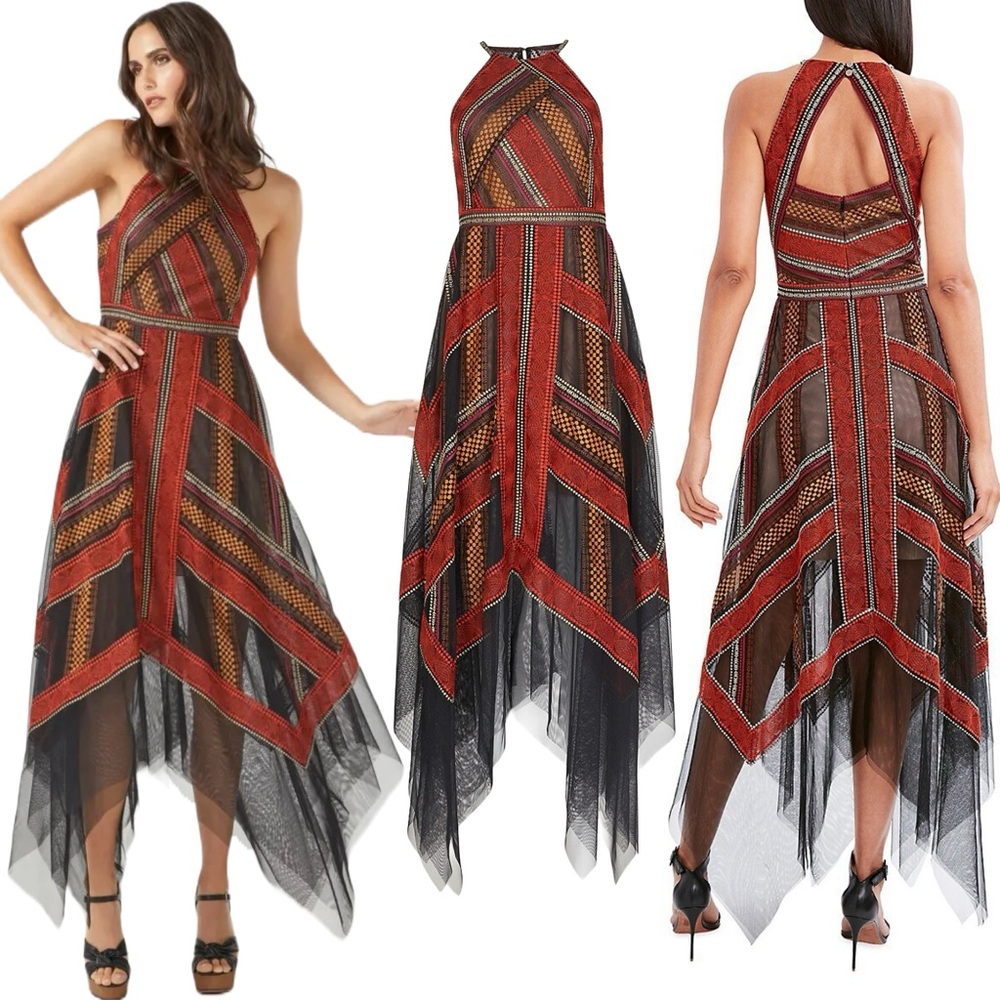 Bcbgmaxazria Red, Black And Brown Asymmetrical Halter Handkerchief Dress